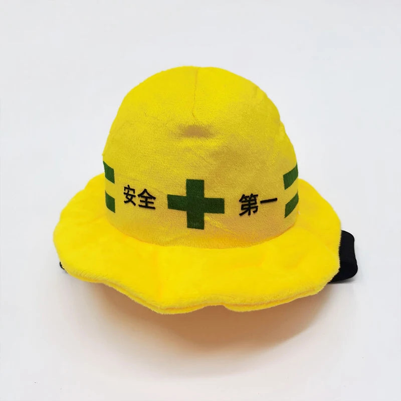 Pet safety helmet hat for dogs and cats, yellow plush with green cross front panel