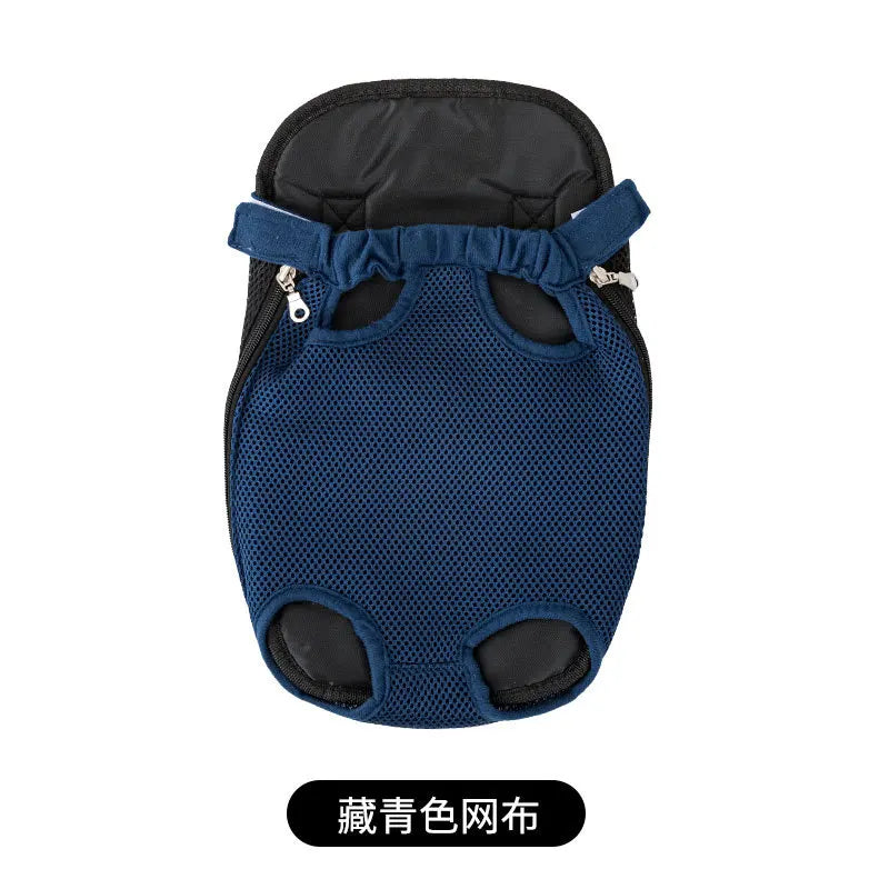 Breathable pet backpack with blue mesh body and padded top, two side openings