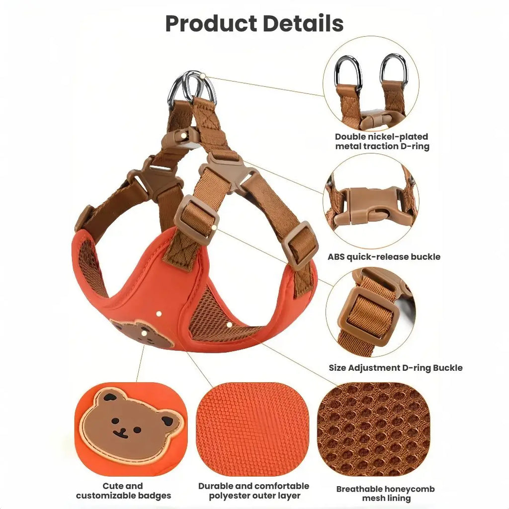 Pet harness product details infographic with buckle, materials, and design callouts