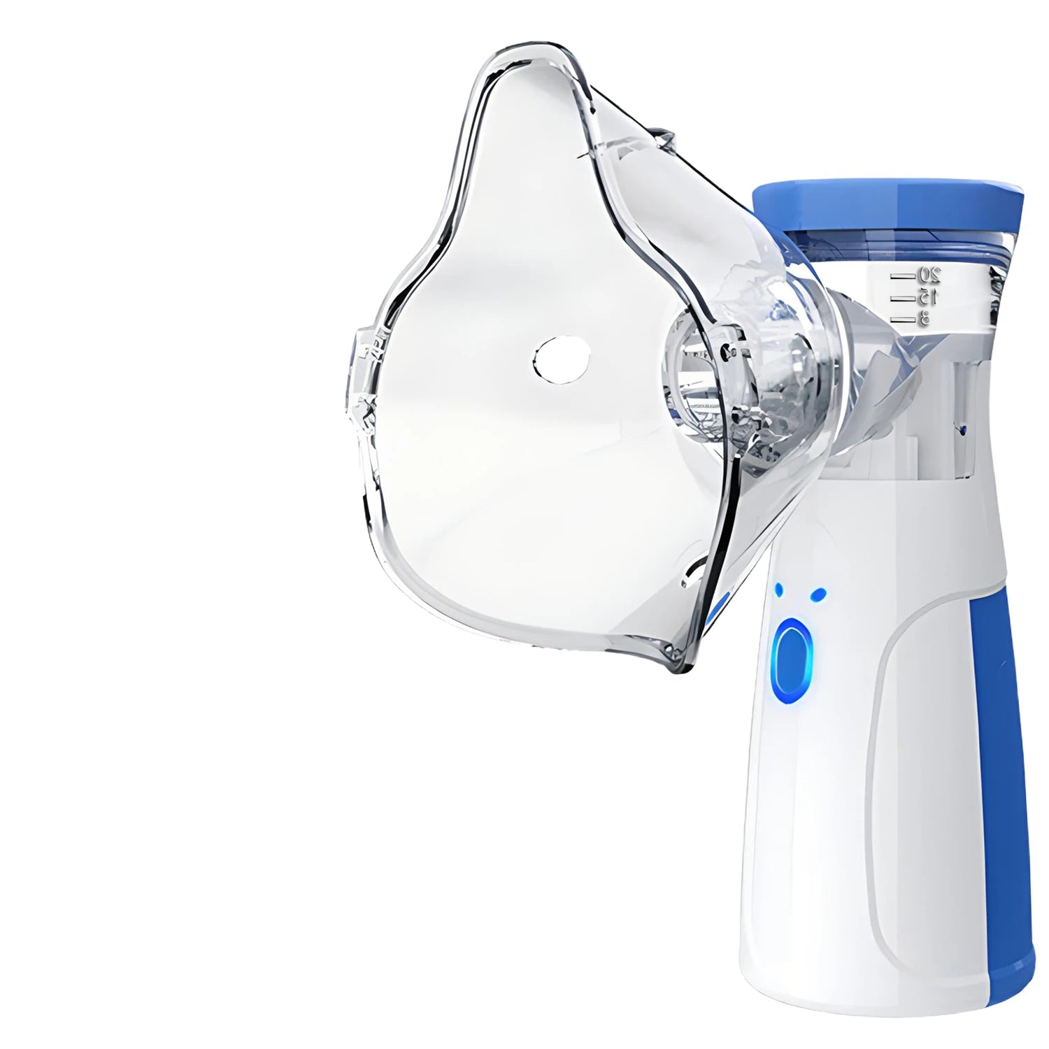 White portable pet nebulizer with clear face mask and blue accent button on body