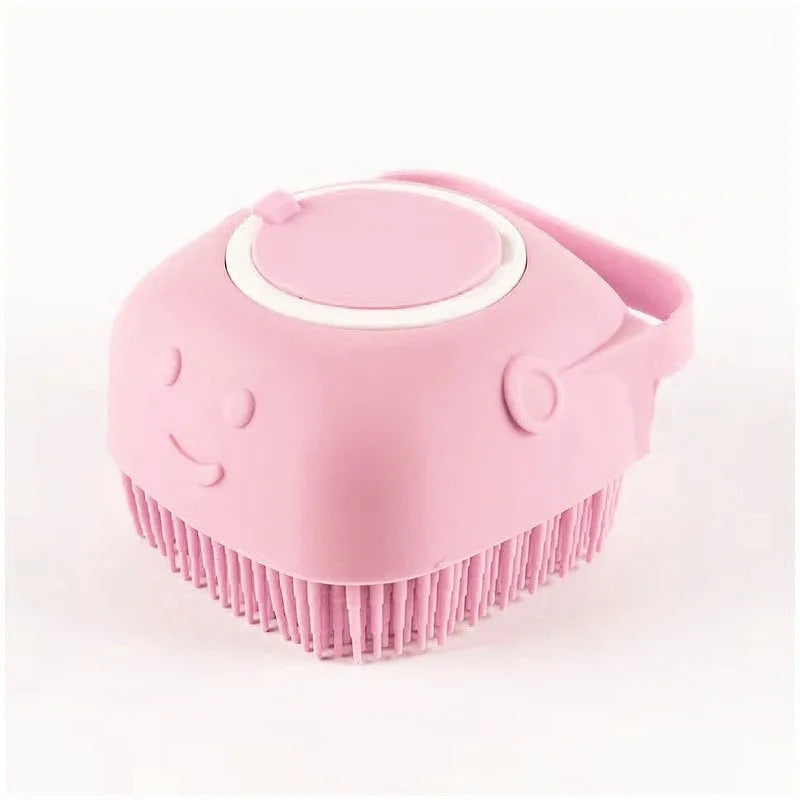 Pink pet bath scrub brush with spray-top lid and vertical massage bristle face