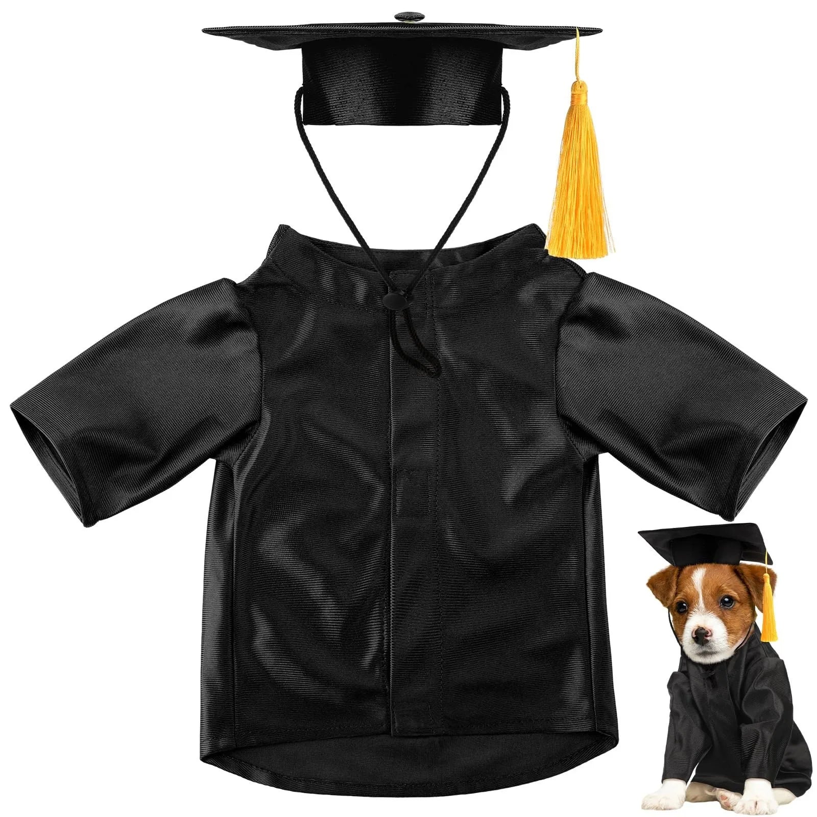 Black pet graduation costume with mortarboard hat and yellow tassel, short sleeves