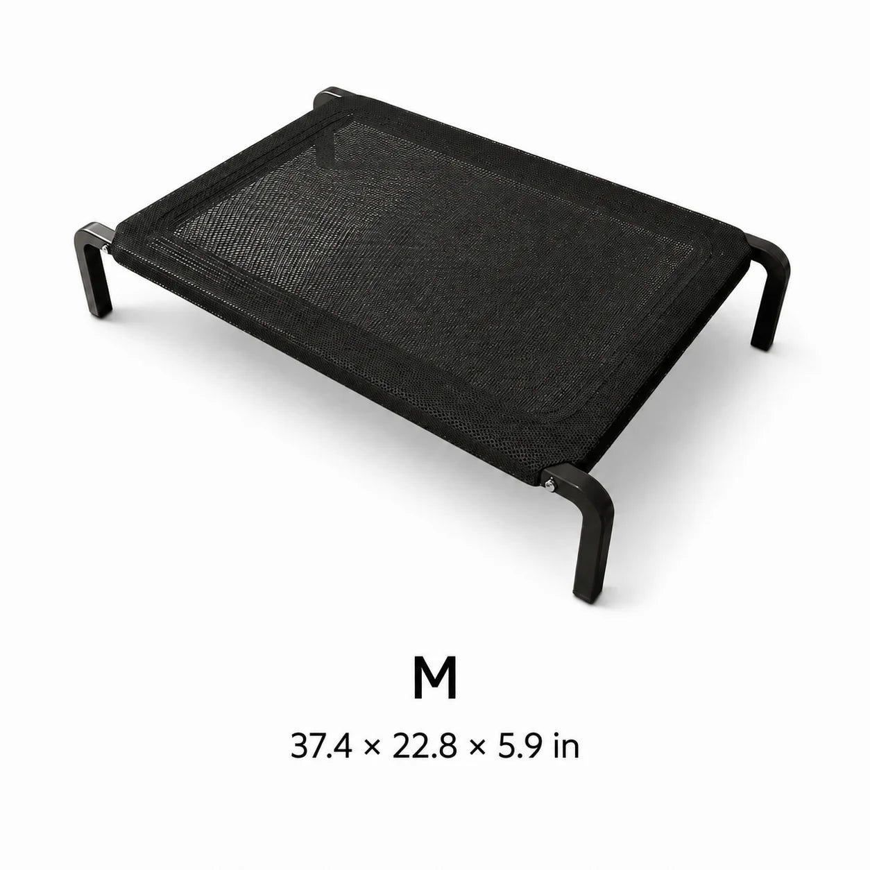 Black elevated pet bed base with textured mesh top and side supports, size M
