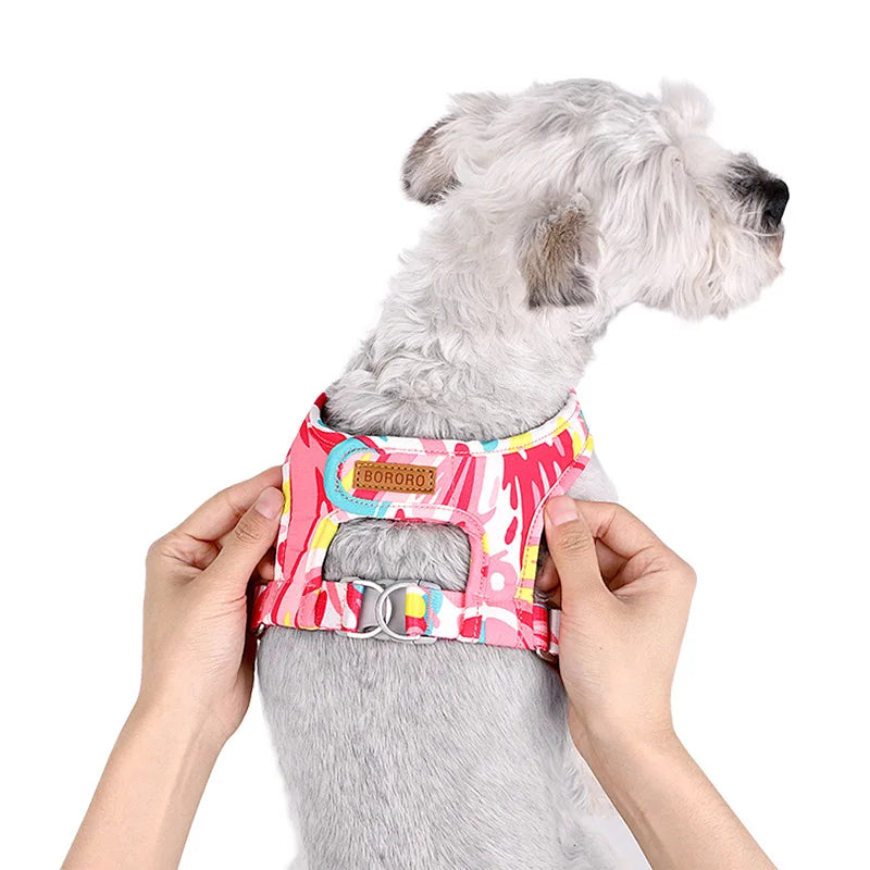 Mesh adjustable dog harness vest on small dog, red graphic print with gray center