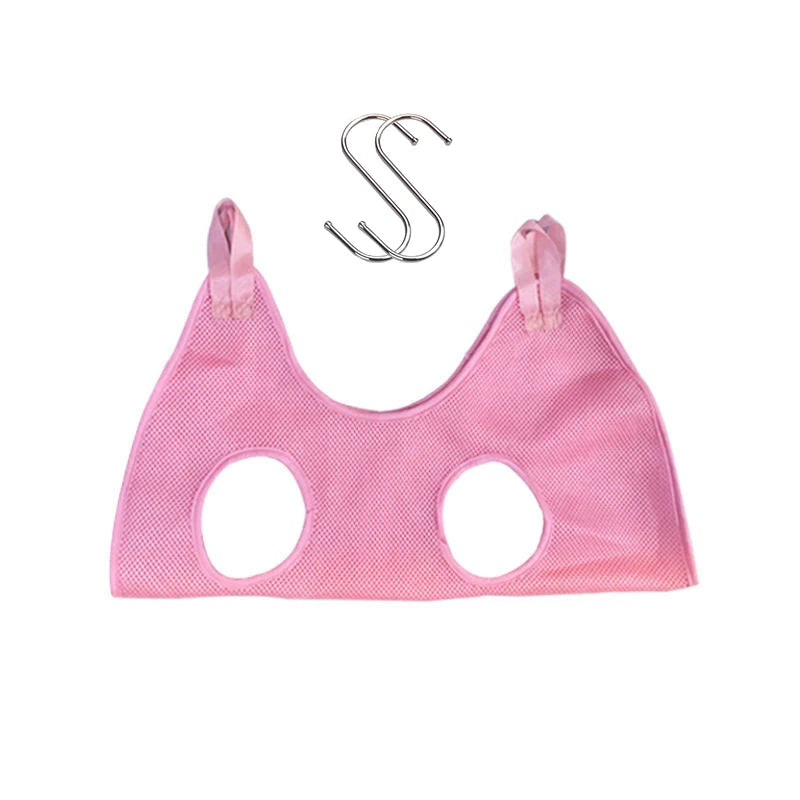 Pink cat grooming restraint hammock bag with two paw holes and hanging hooks