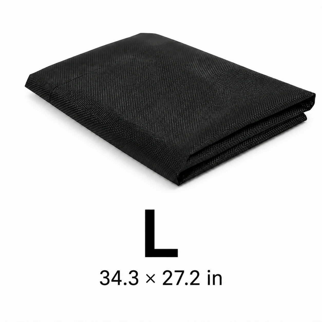 Folded black breathable mesh pet pad labeled L, flat non-raised sleeping surface