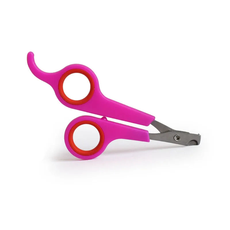 Pet nail trimmer scissors with red rings, pink handles and metal cutting blades
