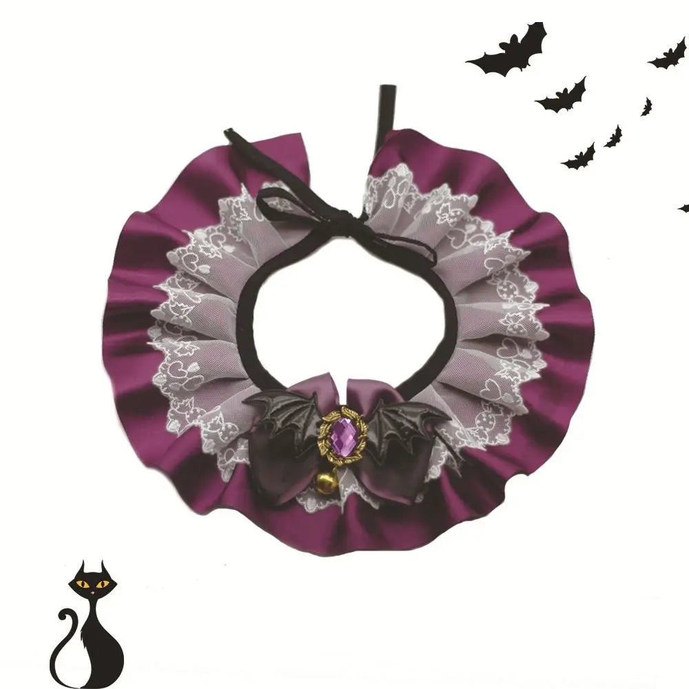 Purple Halloween pet lace collar bib scarf with black bow, gray lace trim, and bow appliques