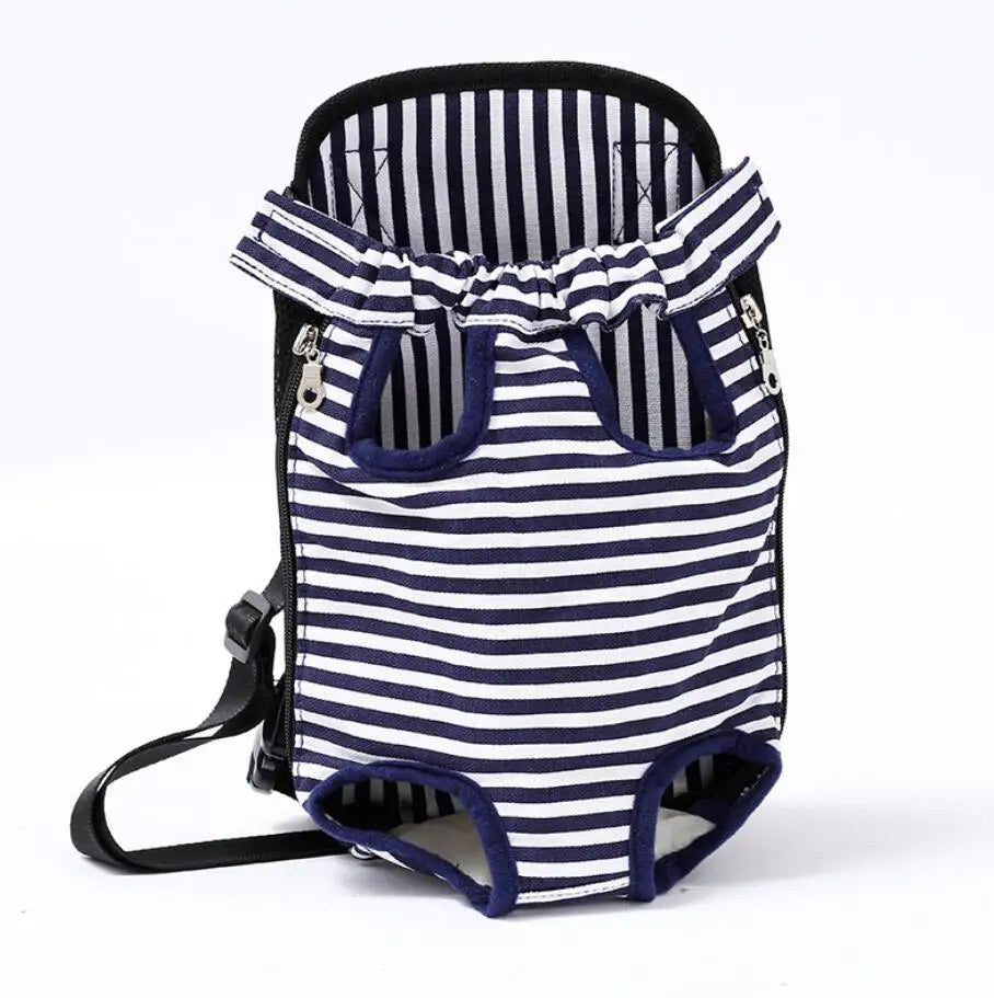 Breathable striped pet backpack with mesh front and two leg holes, black carry straps
