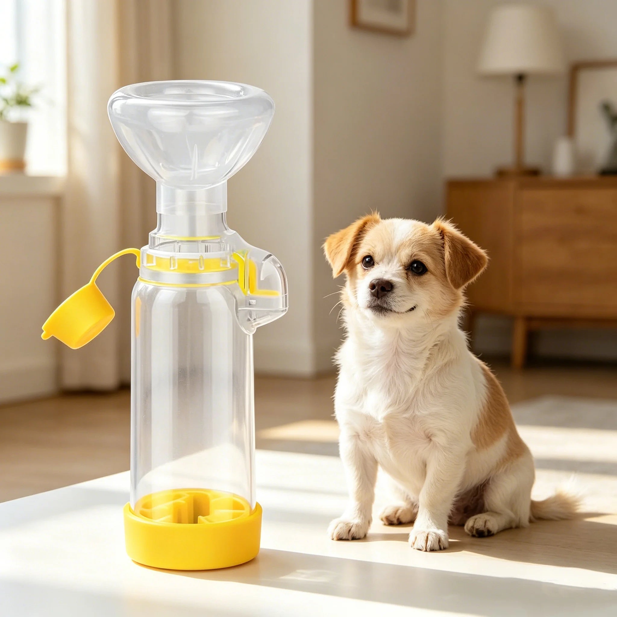 Small dog next to portable aerosol inhaler spacer with clear chamber and yellow base