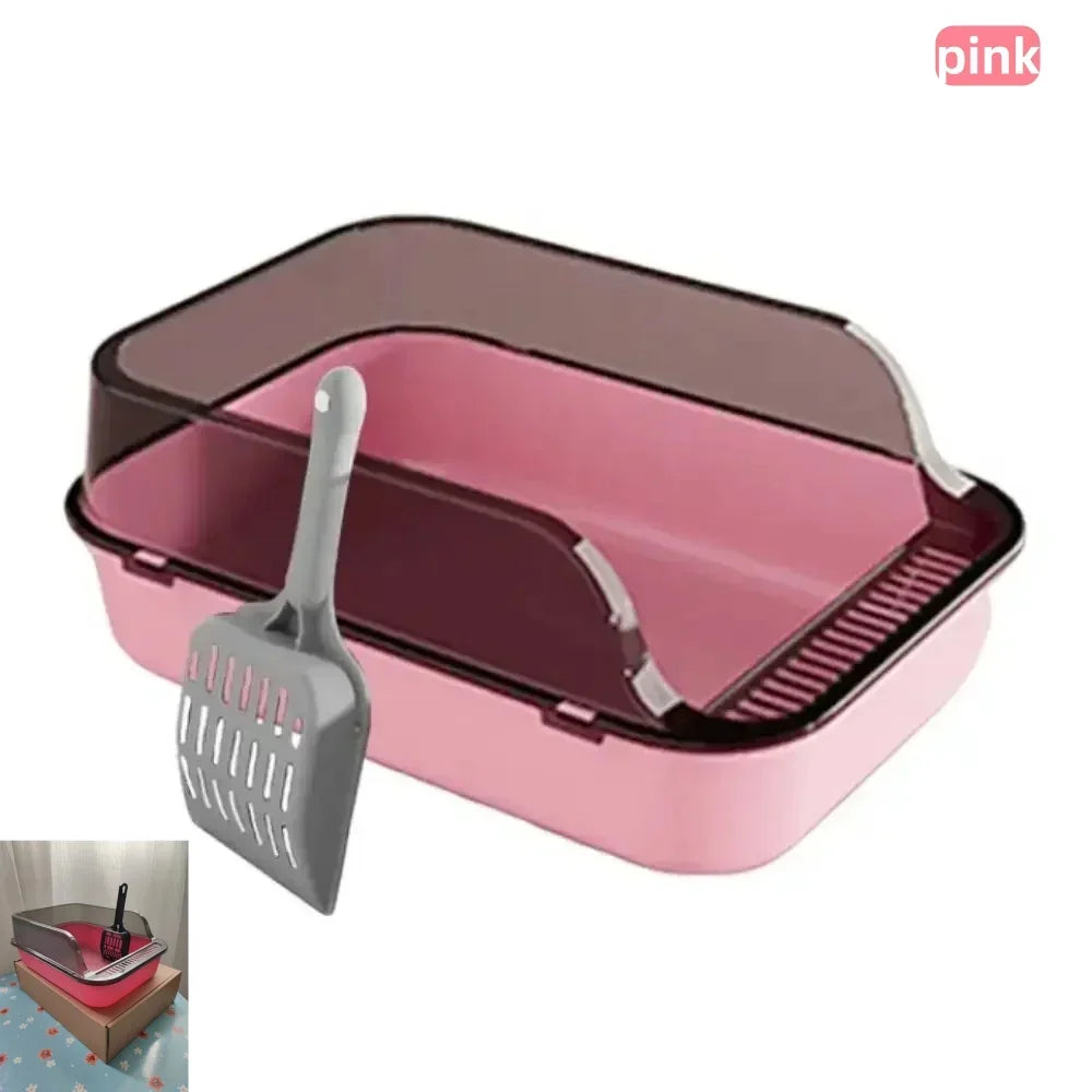 Semi-enclosed cat litter box set, pink with scoop and slotted rake tray