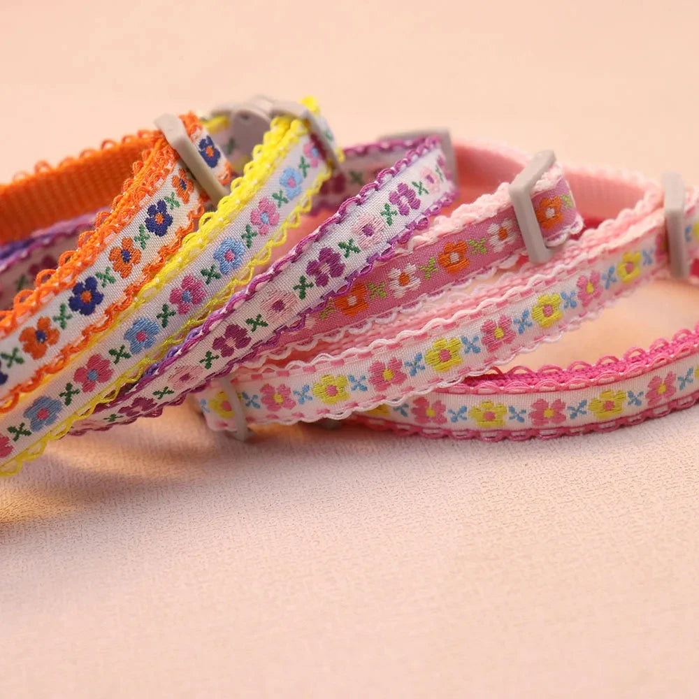 Floral lace cat collar with bell in orange and pink, embroidered lace trim