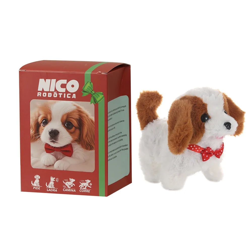 Brown-and-white robot puppy plush with red bow, NICO ROBOTICA box set