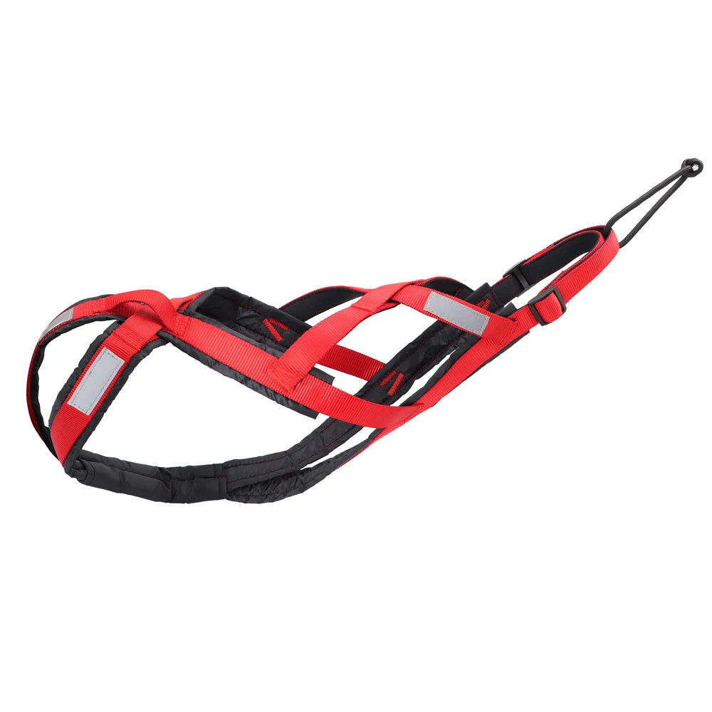 Red and black padded dog harness with leash, reflective stripes and cross-strap vest