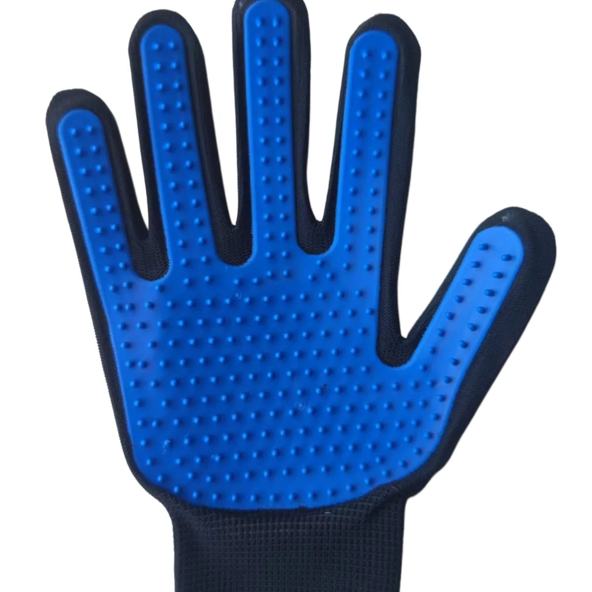 Close-up of blue pet grooming glove with raised rubber nubs and black fabric wrist cuff.