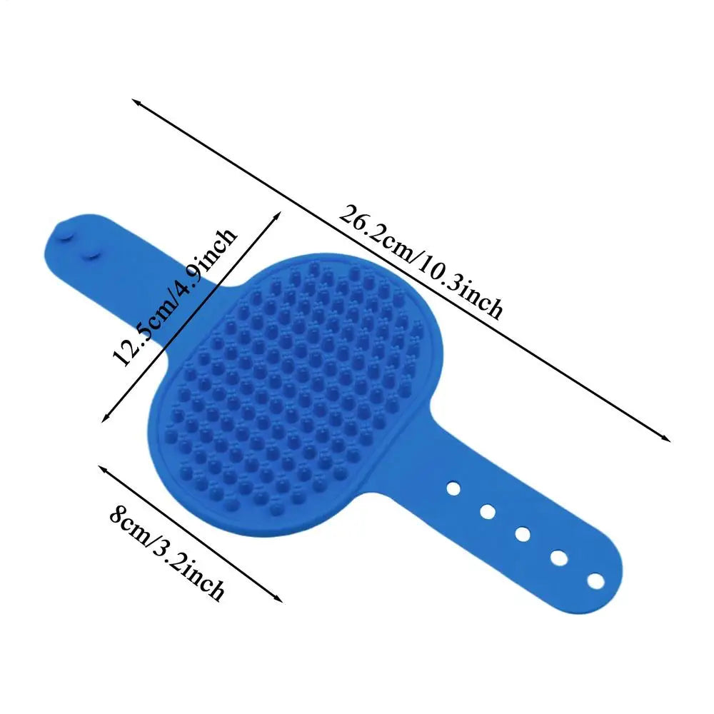 Blue silicone pet grooming massage brush with round bead pad and wide handle