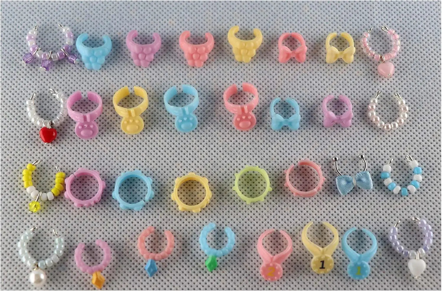 Mixed cat and dog collar charms and beads set, pastel bows and rings