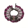 Purple Halloween pet lace collar bib scarf with black bow center and layered lace ruffle trim