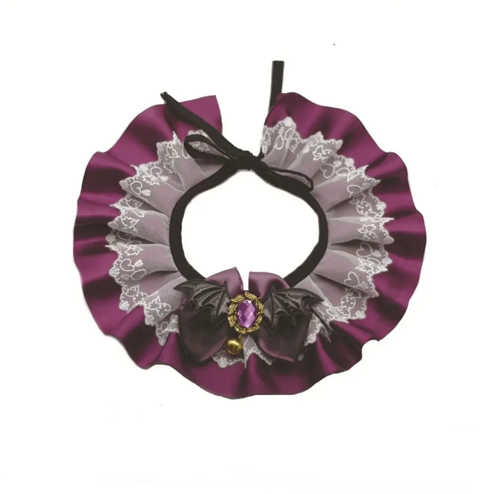 Purple Halloween pet lace collar bib scarf with black bow center and layered lace ruffle trim
