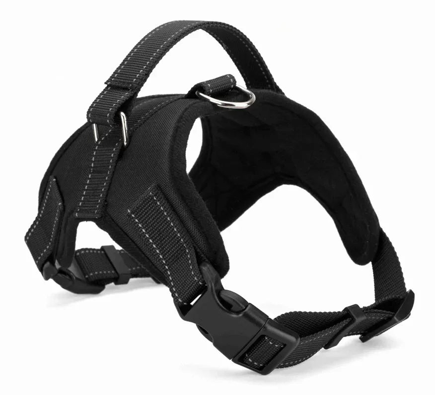 Black nylon dog harness vest with adjustable straps and front D-ring