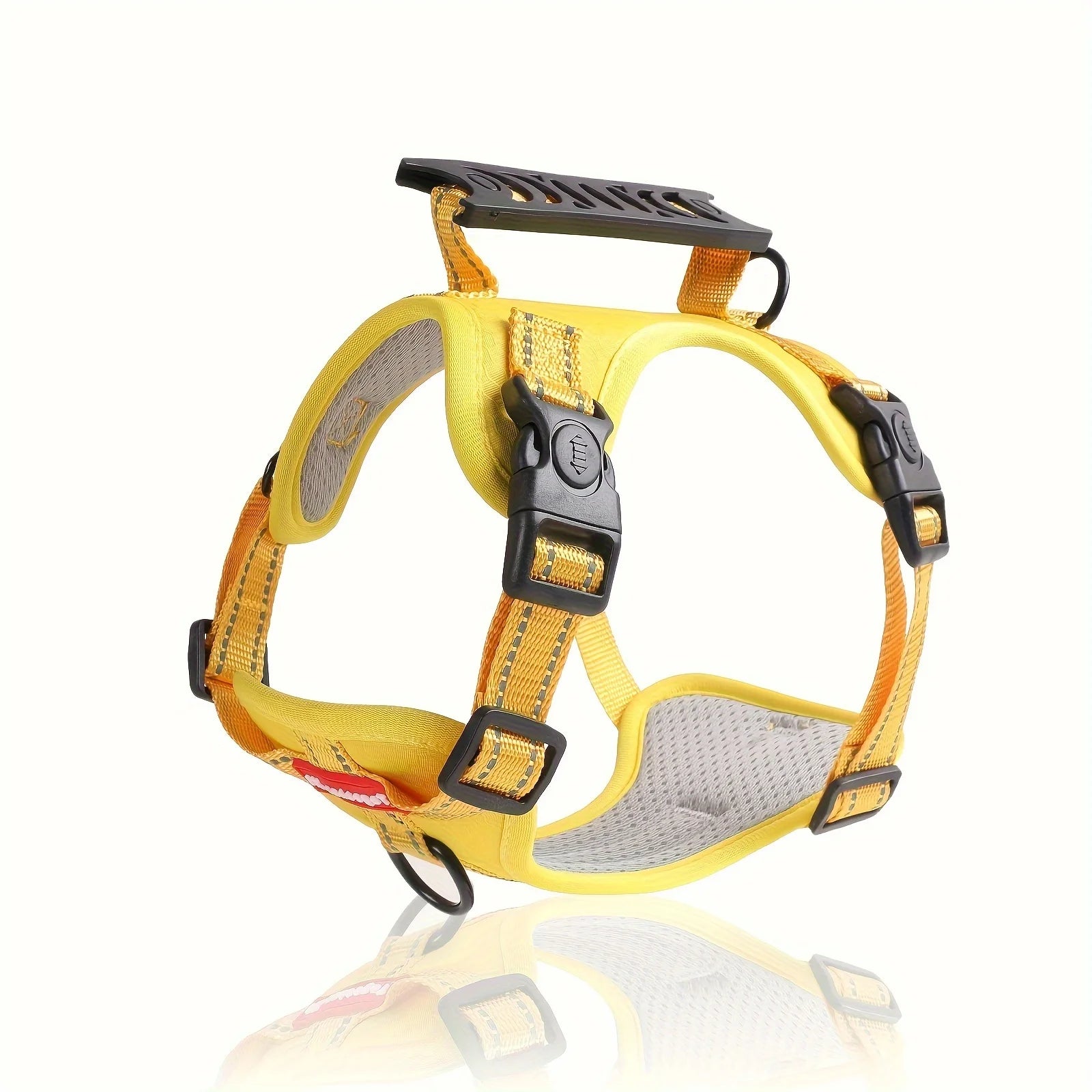 No-pull dog harness with control handle, yellow straps and gray mesh with black buckles