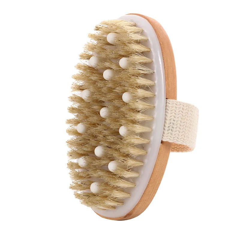 Pet bath silicone massage brush, light wood base, white nubs, soft beige bristles