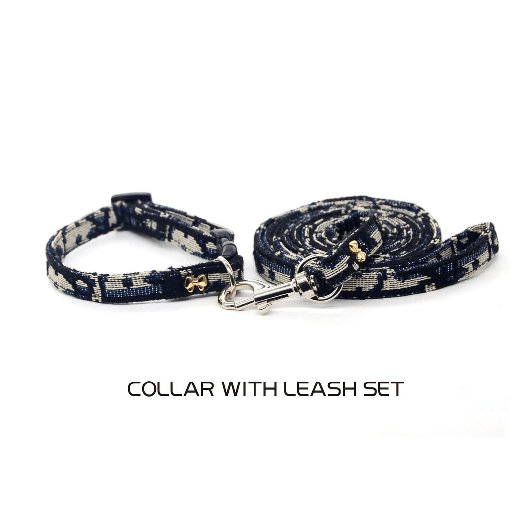 Bow-tie collar and leash set, navy and cream patterned with metal clasp
