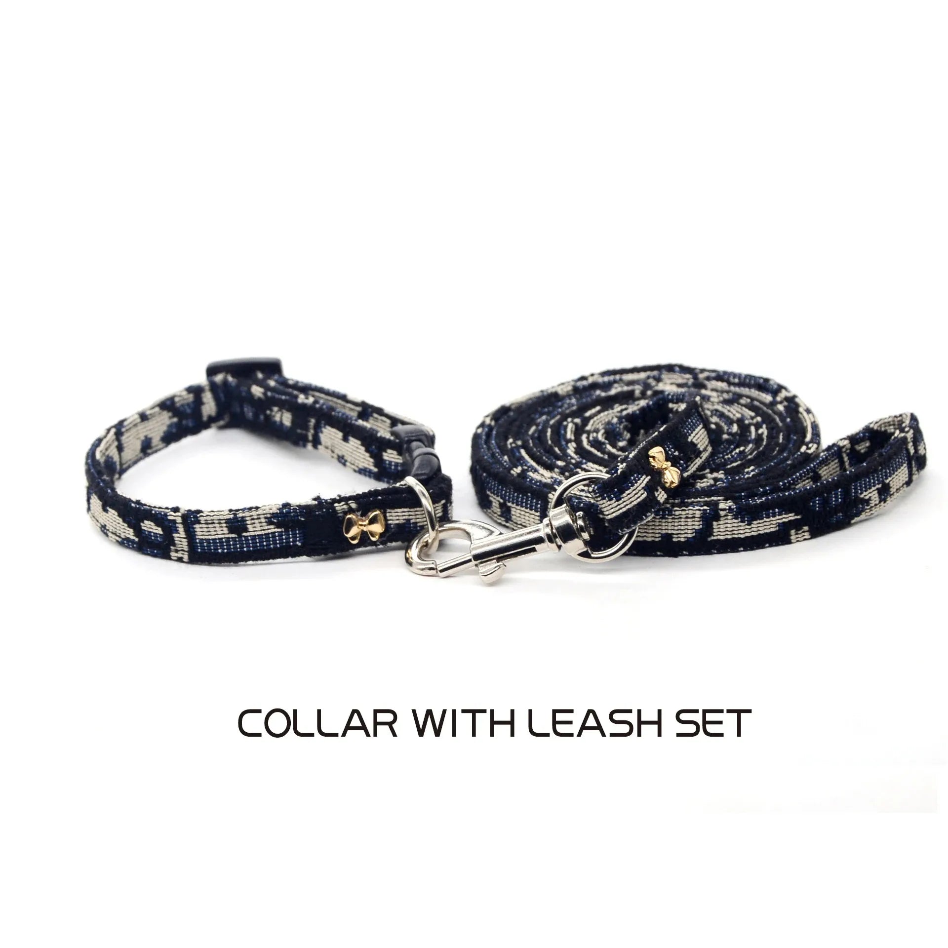 Bow-tie collar and leash set, navy and cream patterned with metal clasp