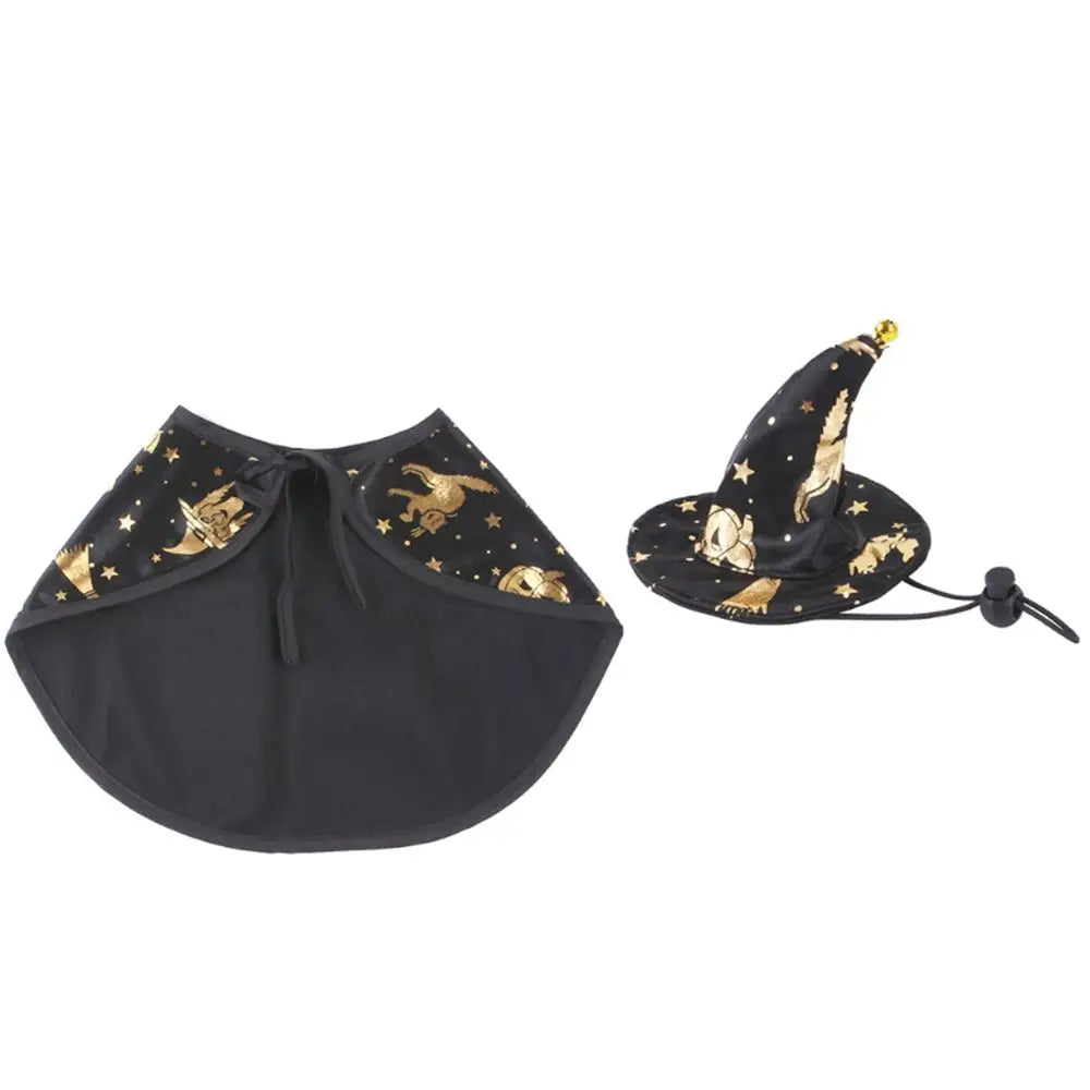 Black pet cape with gold star witch print and matching witch hat