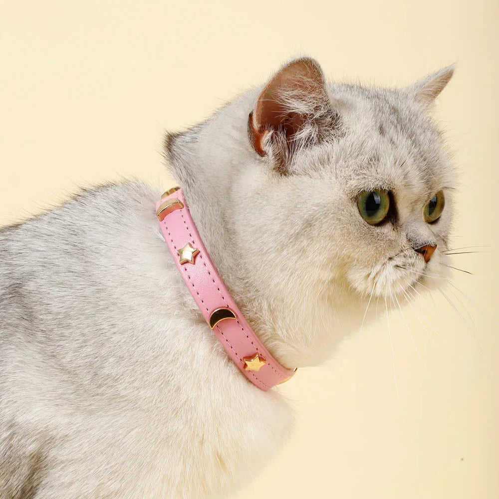 Soft Leather Cat Collar Star Moon Rivets Kitten Puppy XS-M