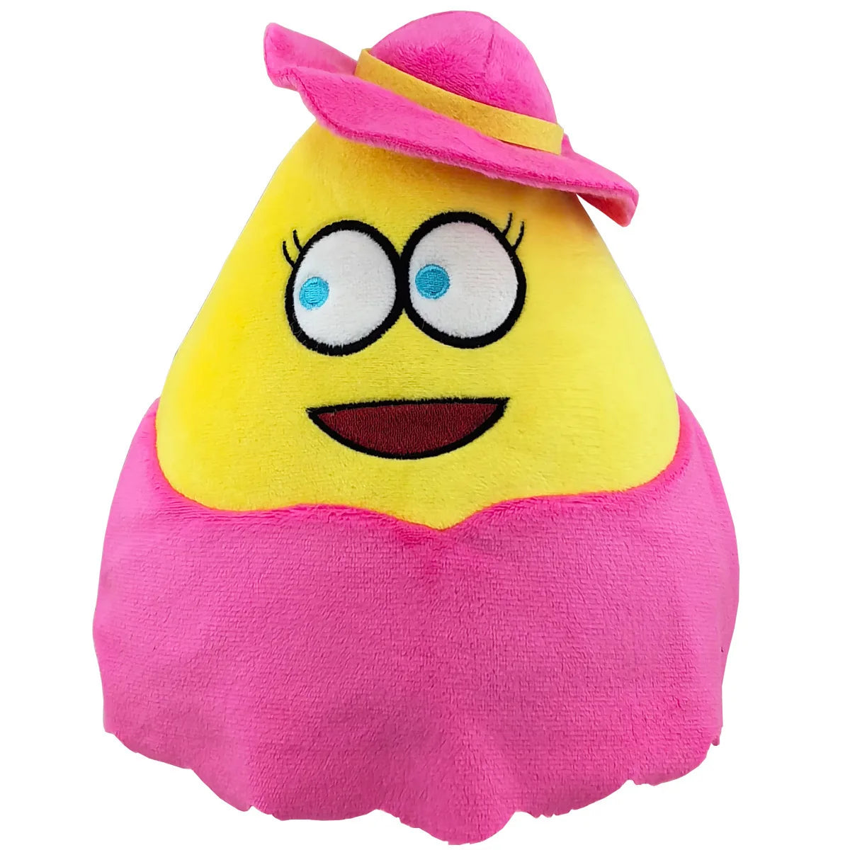 Pink alien plush doll with yellow face, smiling mouth, and magenta hat with band