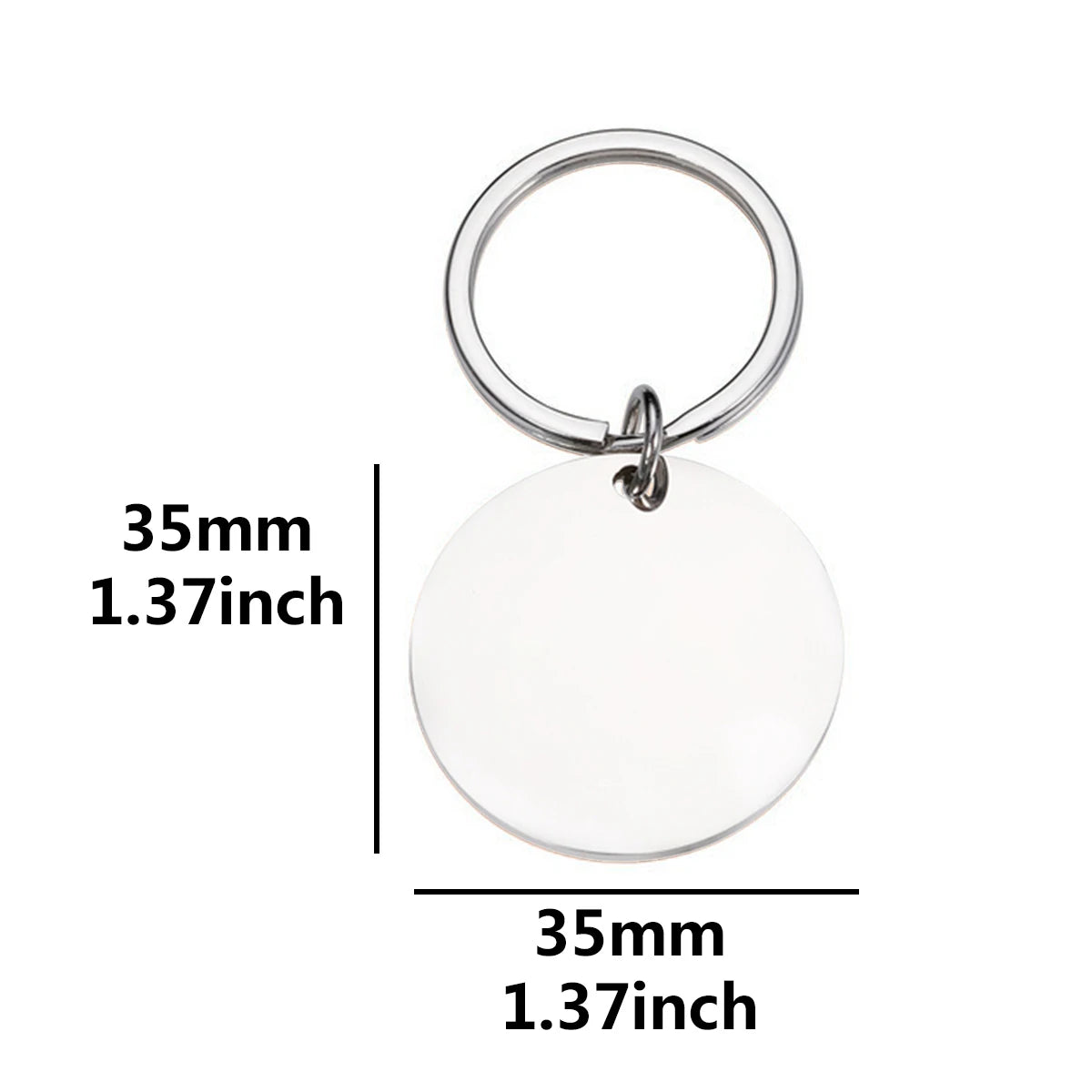 Silver round pet ID tag size 35mm, blank surface, with keyring