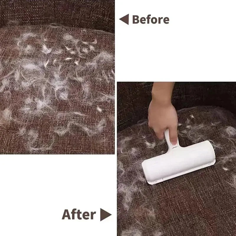 Pet hair remover roller showing before-and-after on dark fabric upholstery