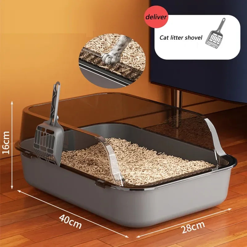 Grey semi-enclosed cat litter box with scoop and inner grate, shown with dimensions