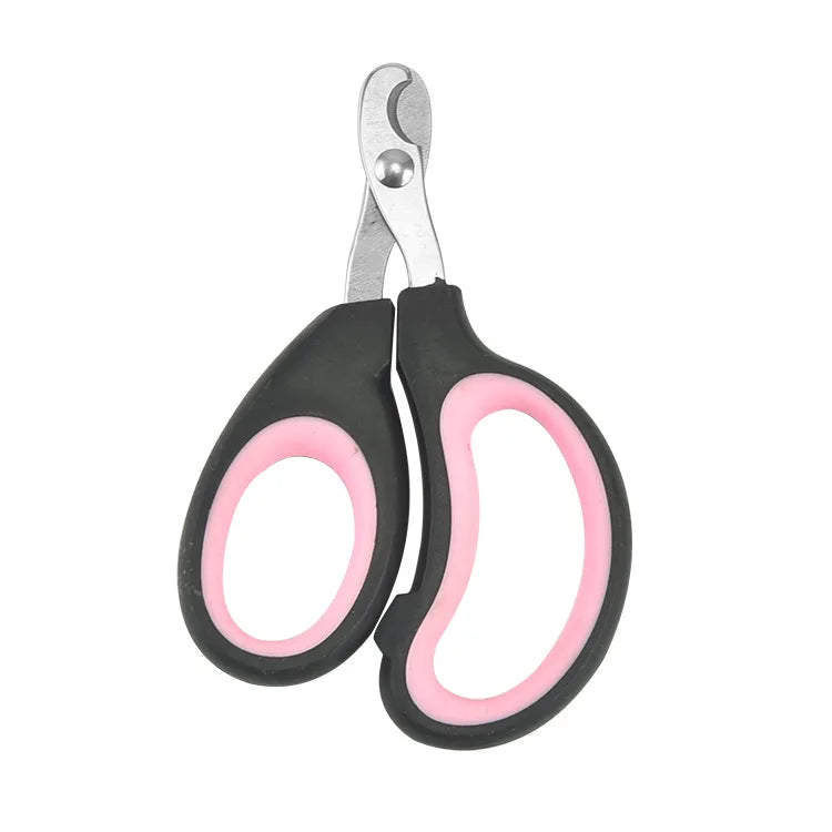 Pet nail clippers with safety guard, black and pink loop handles with silver blades