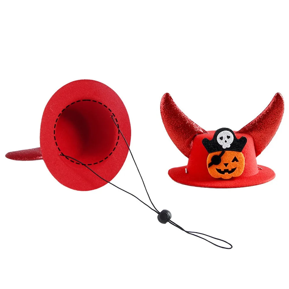 Red felt pet pumpkin horn hat with jack-o-lantern patch and chin strap