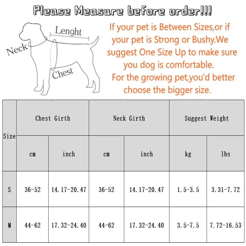 Pet harness size chart showing neck, chest, and suggested weight ranges