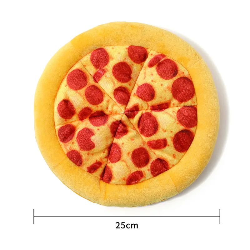 Pizza-shaped plush dog frisbee toy with red pepperoni slice pattern and round cushion.