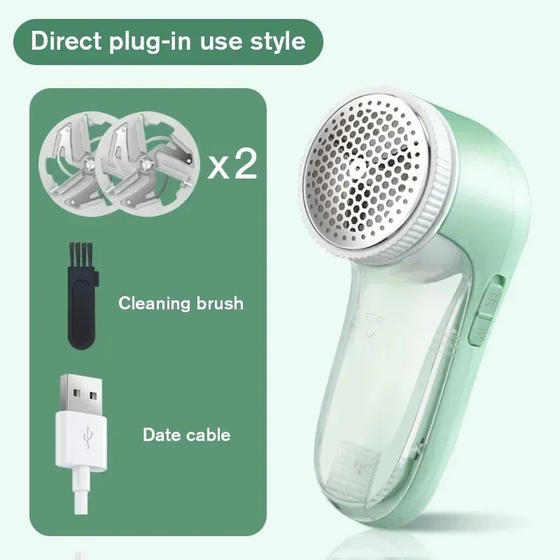 Pet hair fabric shaver lint remover kit showing cleaning brush and USB charging cable