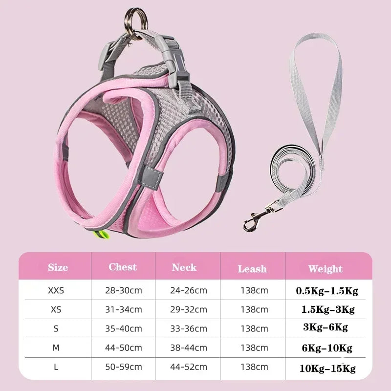 Pink and gray mesh no-pull dog harness vest set with leash and size chart