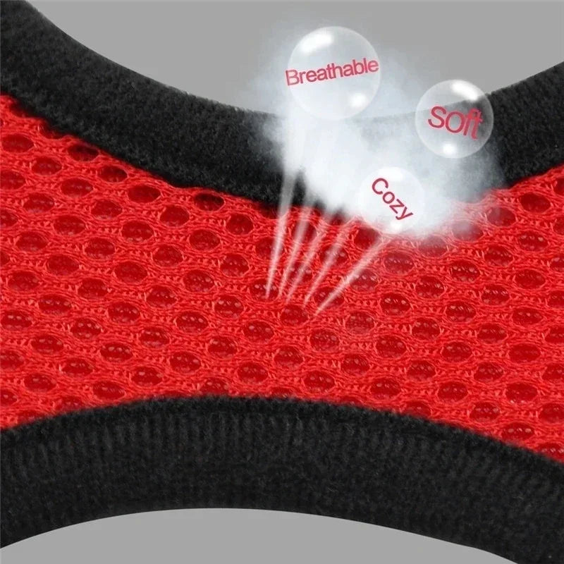 Red breathable mesh insert for an adjustable cat harness, with black trim