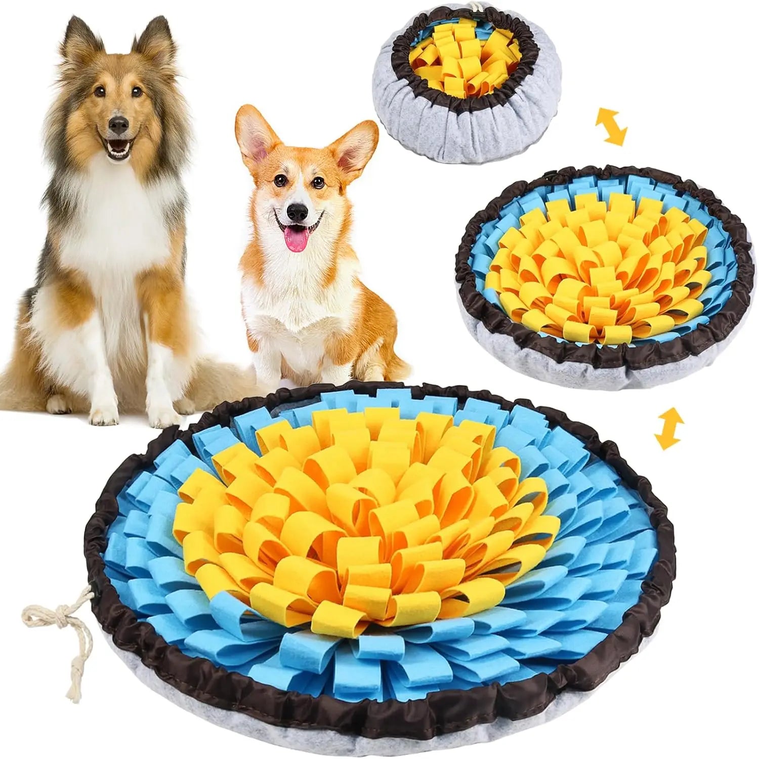 Pet snuffle mat for dogs and cats, round dark fabric rim with blue and yellow foraging strips.