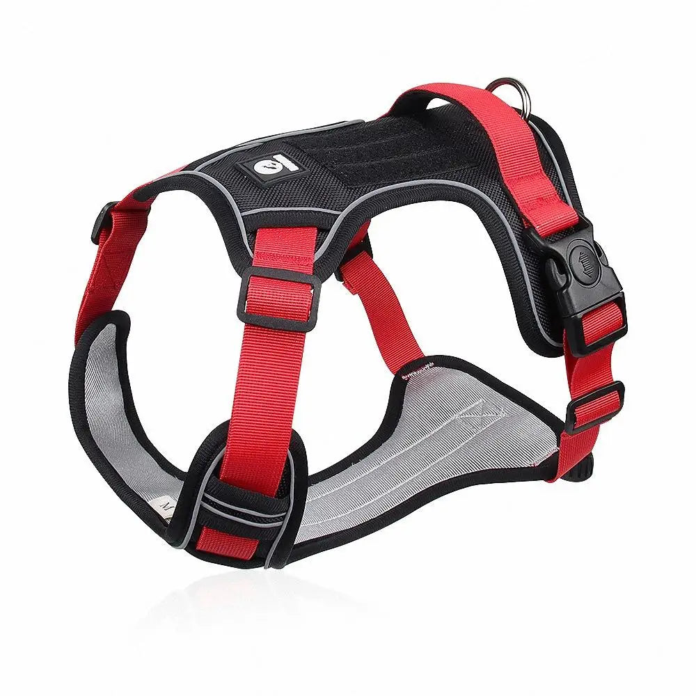 Black reflective dog harness vest with red adjustable straps and buckles