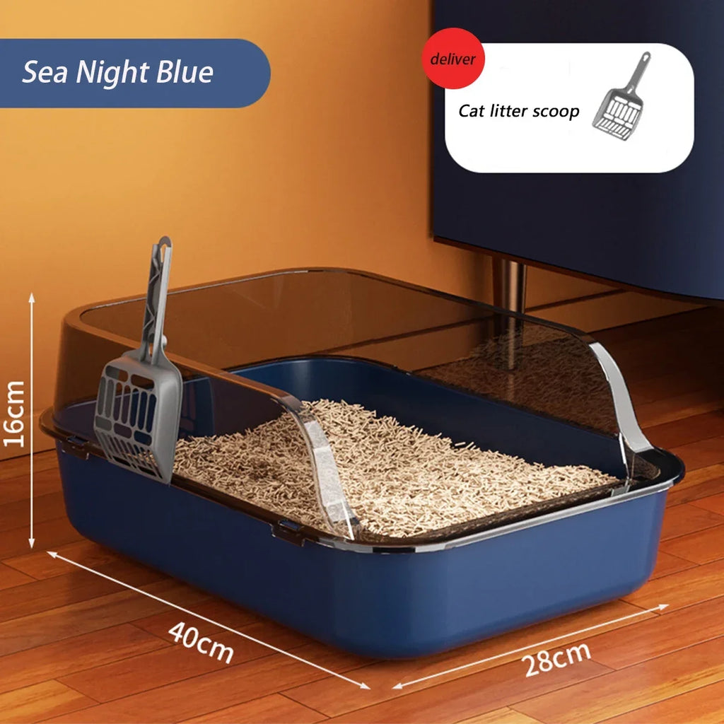 Semi-enclosed cat litter box with scoop, Sea Light Blue base and open top