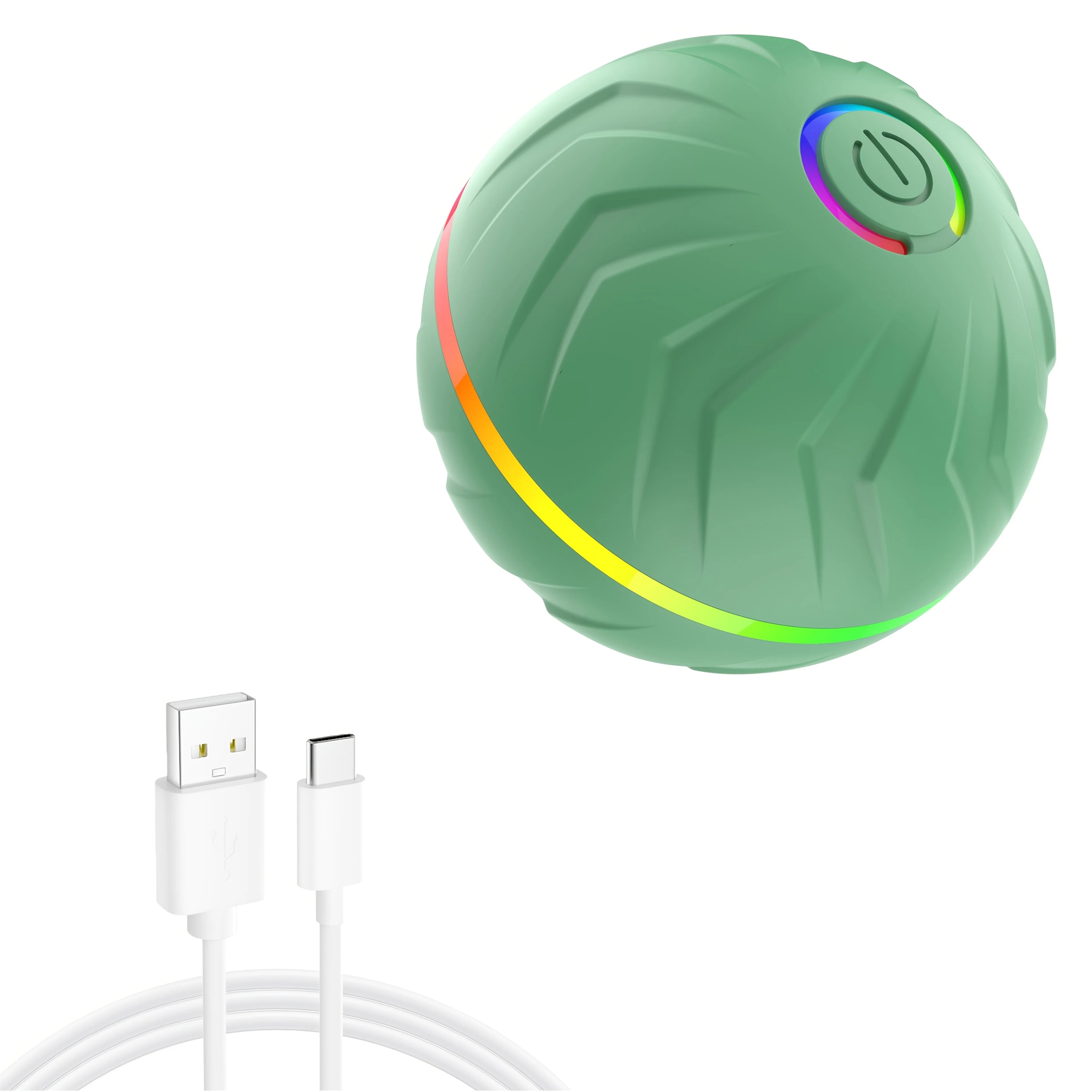 Green interactive smart pet ball with multicolor LED ring and power button, with charging cable