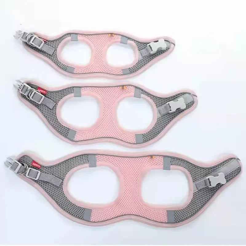 Pink breathable dog harness vest with gray mesh straps and adjustable buckle tabs