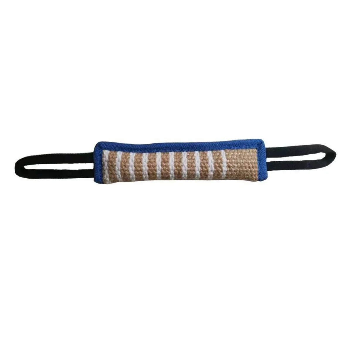 Jute bite stick tug toy with striped center, black handles, blue stitched edge.