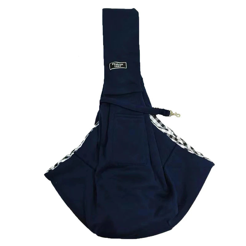 Dark blue pet travel shoulder sling bag with carrying loop and cinch opening