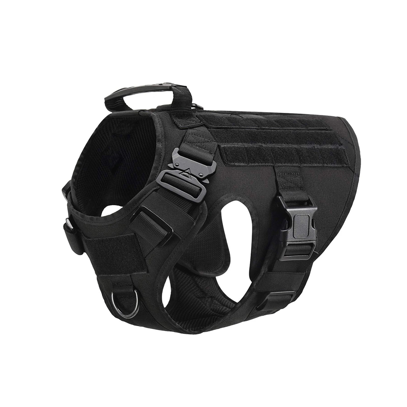 Black dog harness vest, side view with padded chest panel and adjustable straps