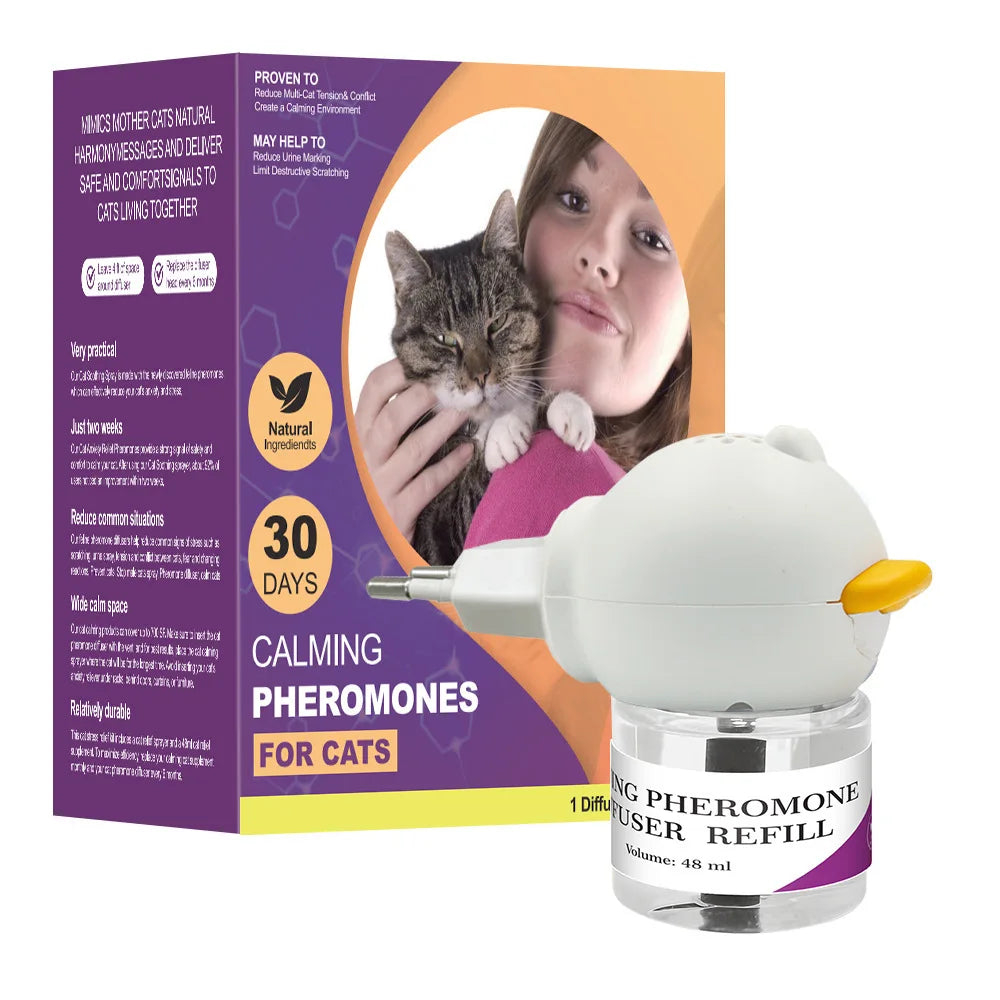 Cat calming pheromone diffuser with white device and refill bottle on boxed set